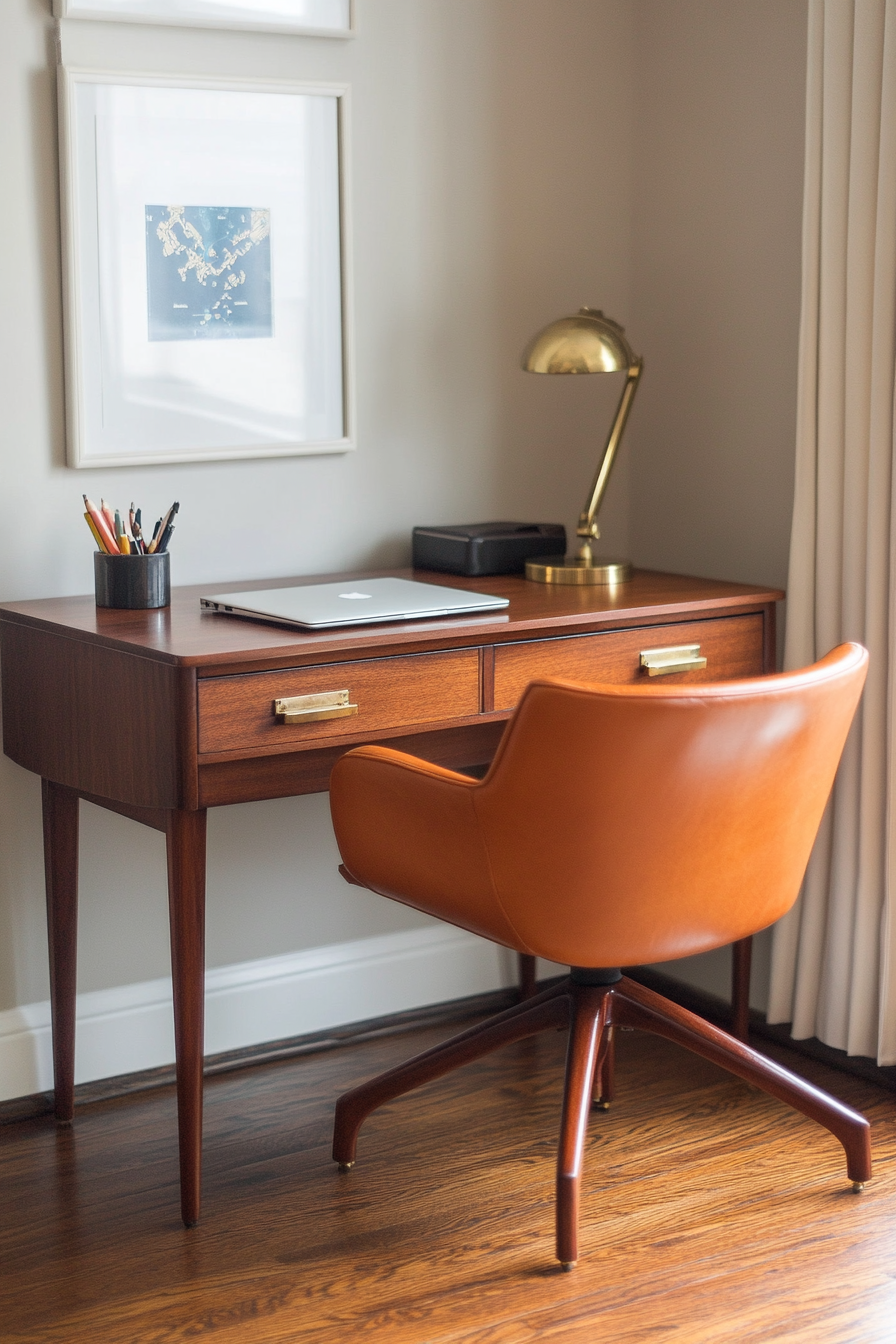 Professional mobile workspace. Mid-century teak desk with leather armchair and vintage brass lamp.