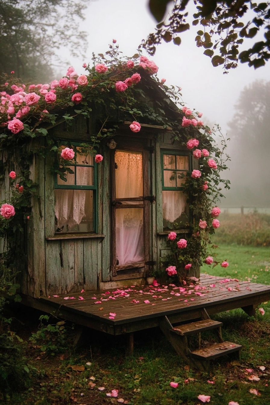 Wide angle view. Tiny house deck covered in pink climbing roses in a foggy English countryside.