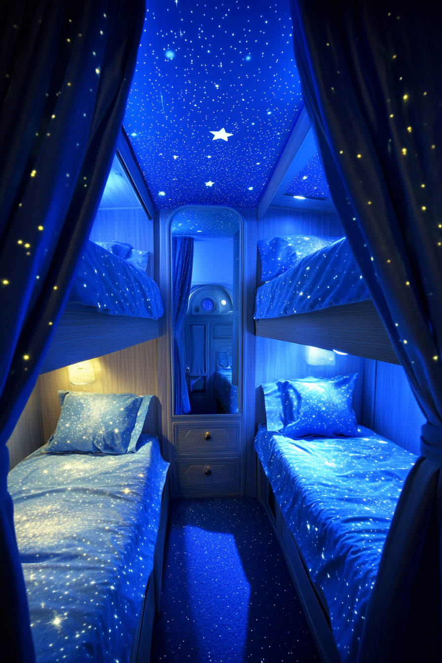 Wide-angle view of space-themed sleeping quarters. Twin beds with glow-in-dark star sheets.