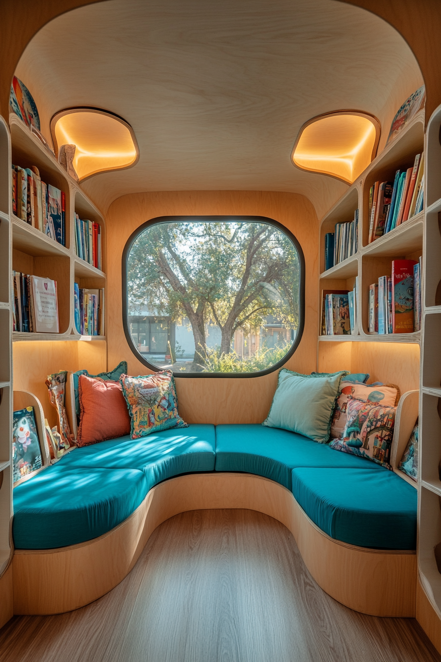 Wide angle view of storybook-inspired mobile library with beige shelving and turquoise cushioned nooks.