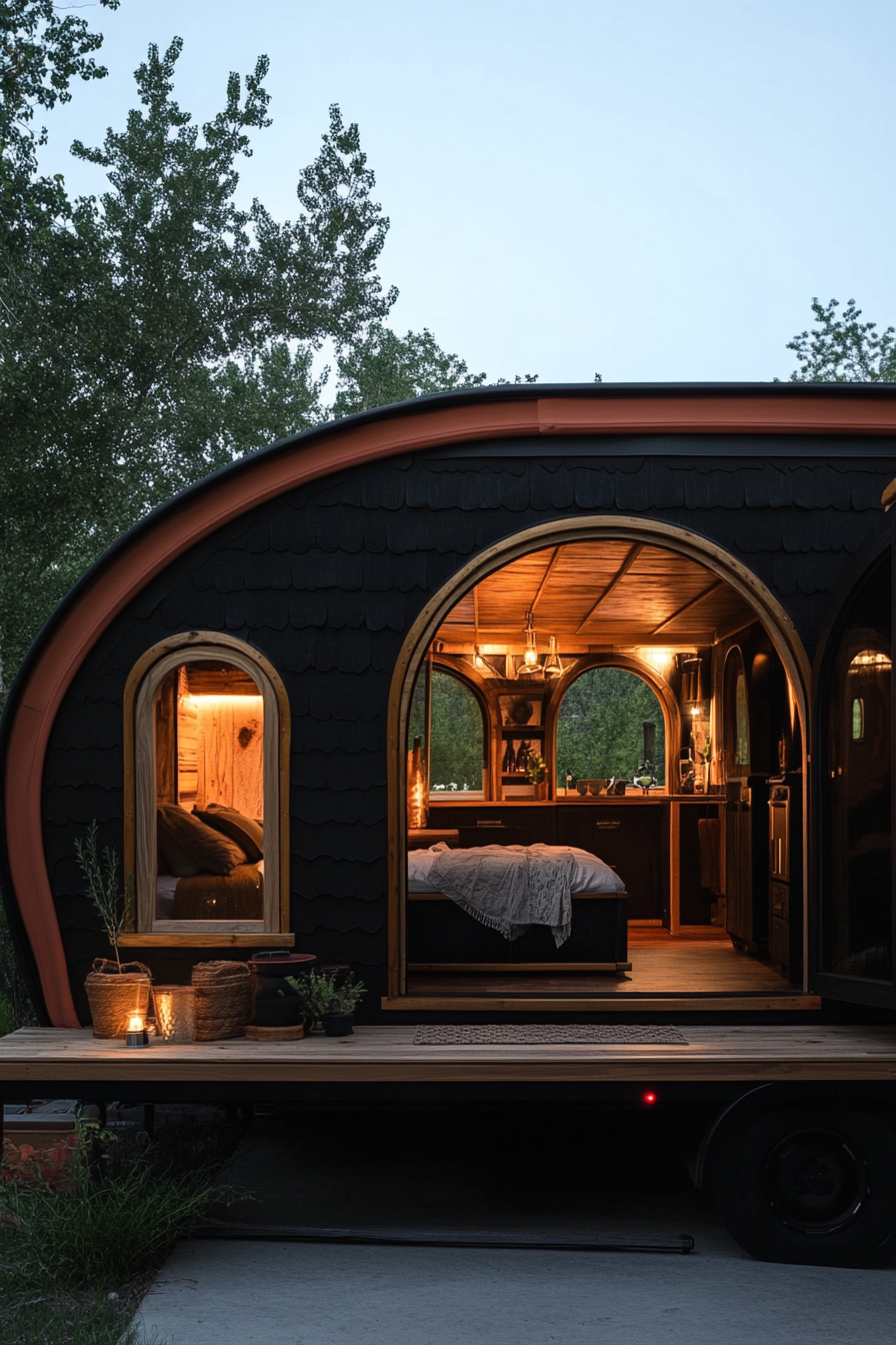 Wide-angle view. Dark, sophisticated mobile home with arched details and terra cotta accents.