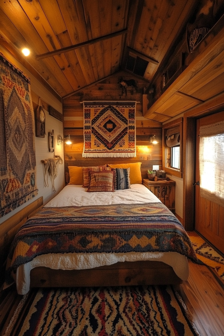 Wide angle view. Southwestern tiny house bedroom. Earth tones, note woven wall art.