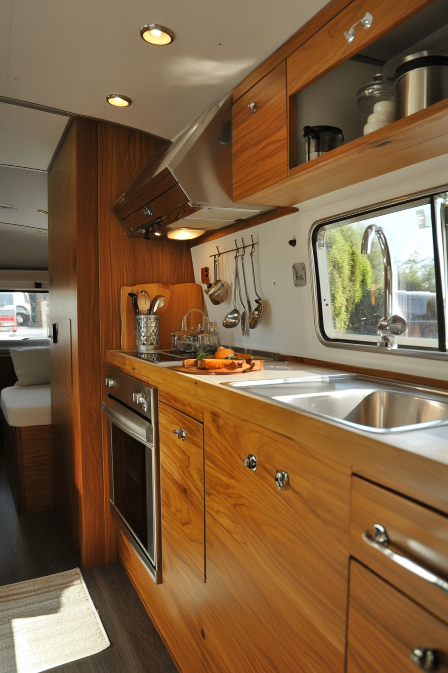 Wide angle view. classic camper kitchen, teak cabinets, retro-inspired chrome handles.