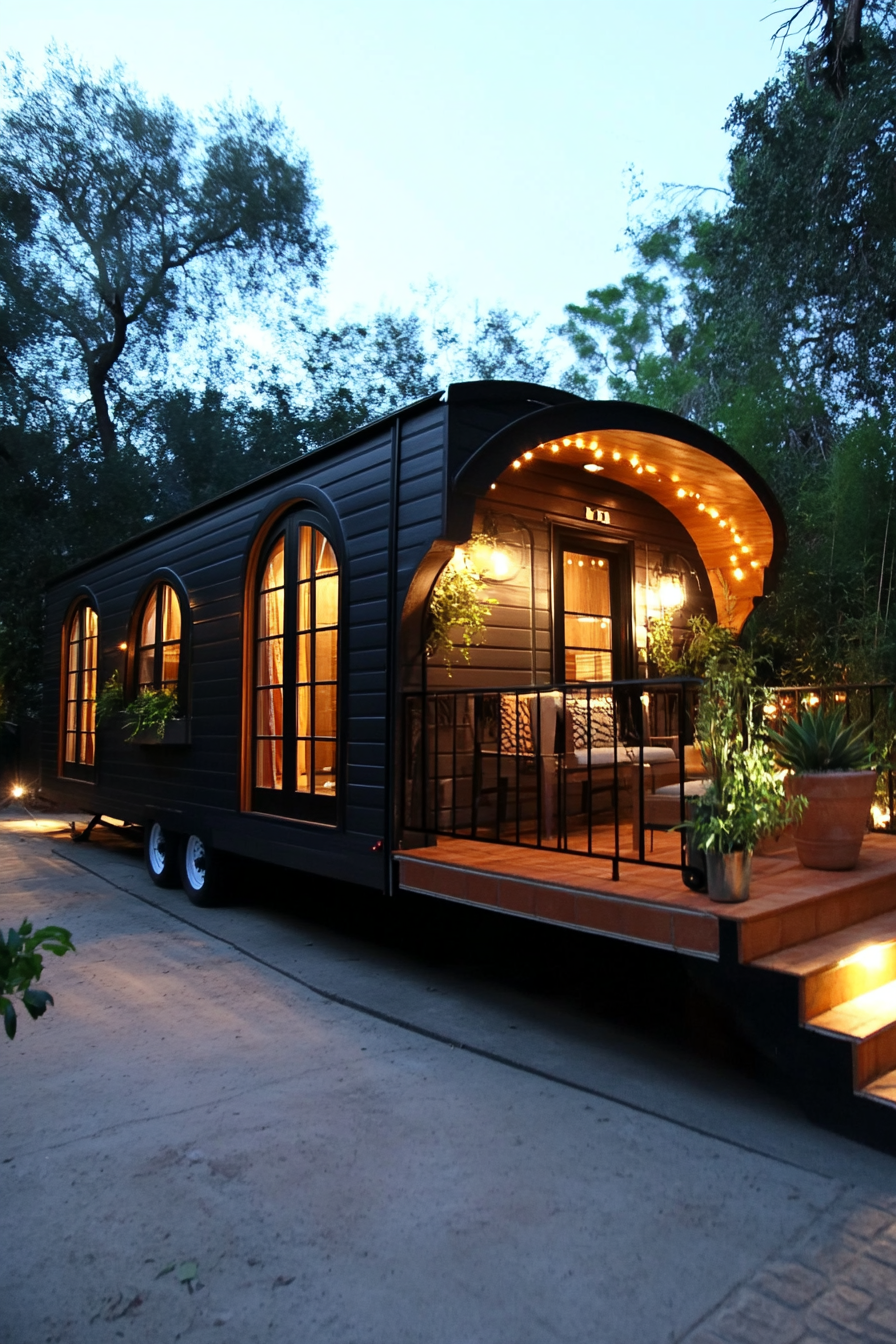 Wide angle view. Dark, sophisticated mobile home, arched details, terra cotta accents.