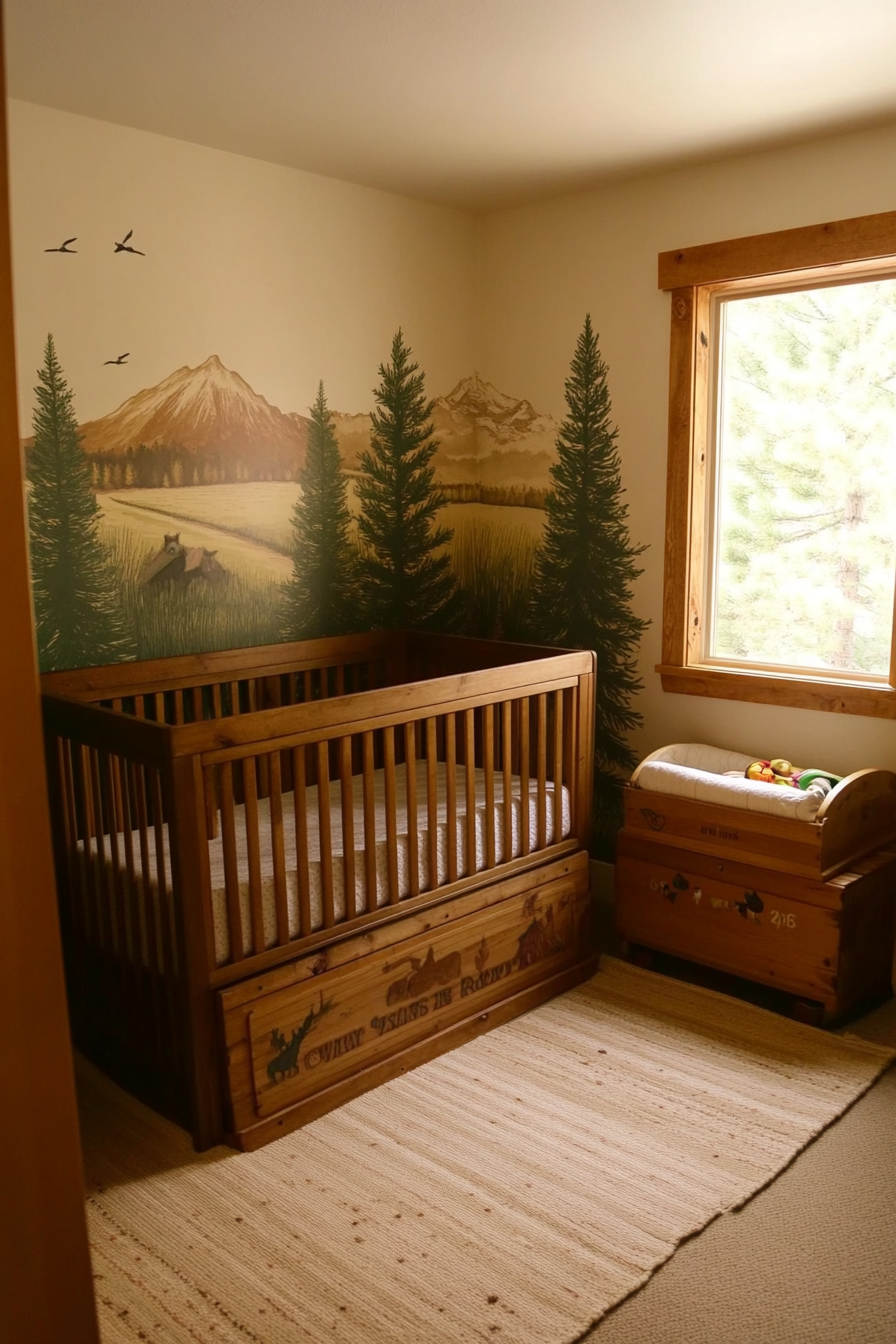 Nature-inspired baby room. Wide angled view with pine tree decals and low toy chests.