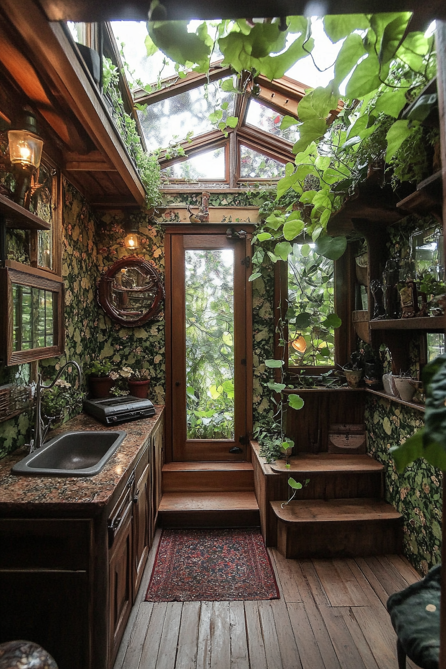 Wide angle view. Tiny house with greenhouse windows, hanging ivy, and leaf-patterned wallpaper.