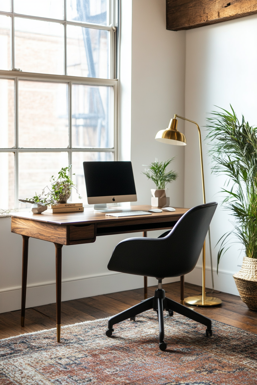 Wide angle view of mobile workspace. Walnut desk, black swivel chair, brass floor lamp.