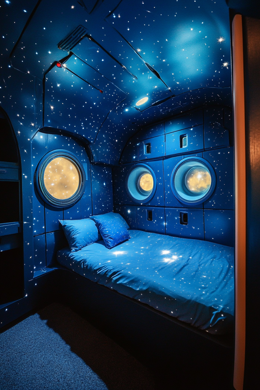 Wide angle view. Space-themed quarters, star projections on dark sky-blue walls.