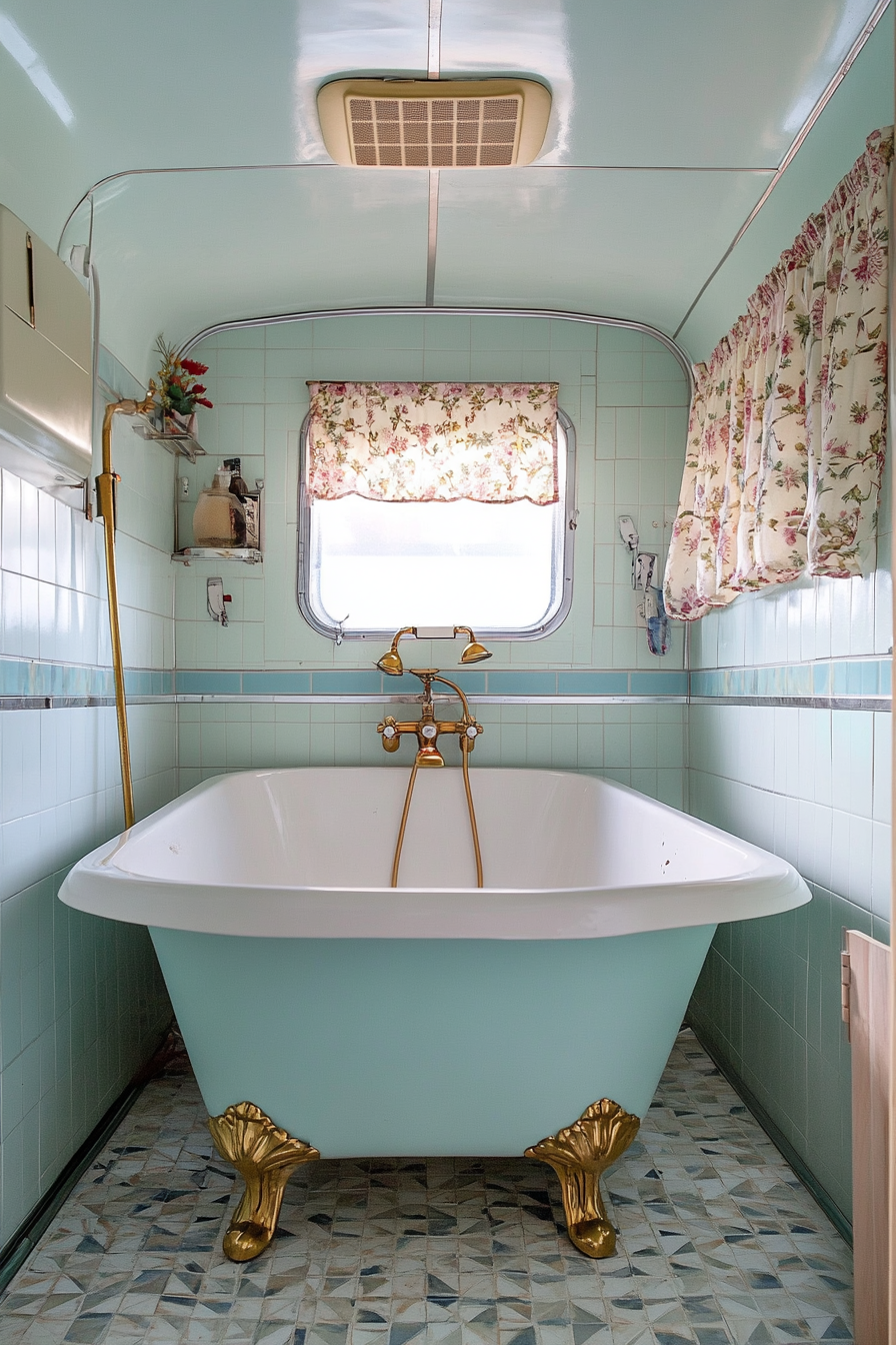 Wide angle view of 1950s RV bathroom. Pastel vintage tiles, clawfoot bathtub, golden faucet fixtures.