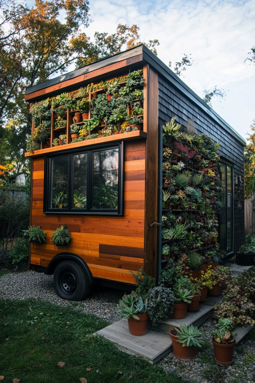 Wide angle view. Succulent-filled tiny house, botanical wallpaper, greenhouse windows.