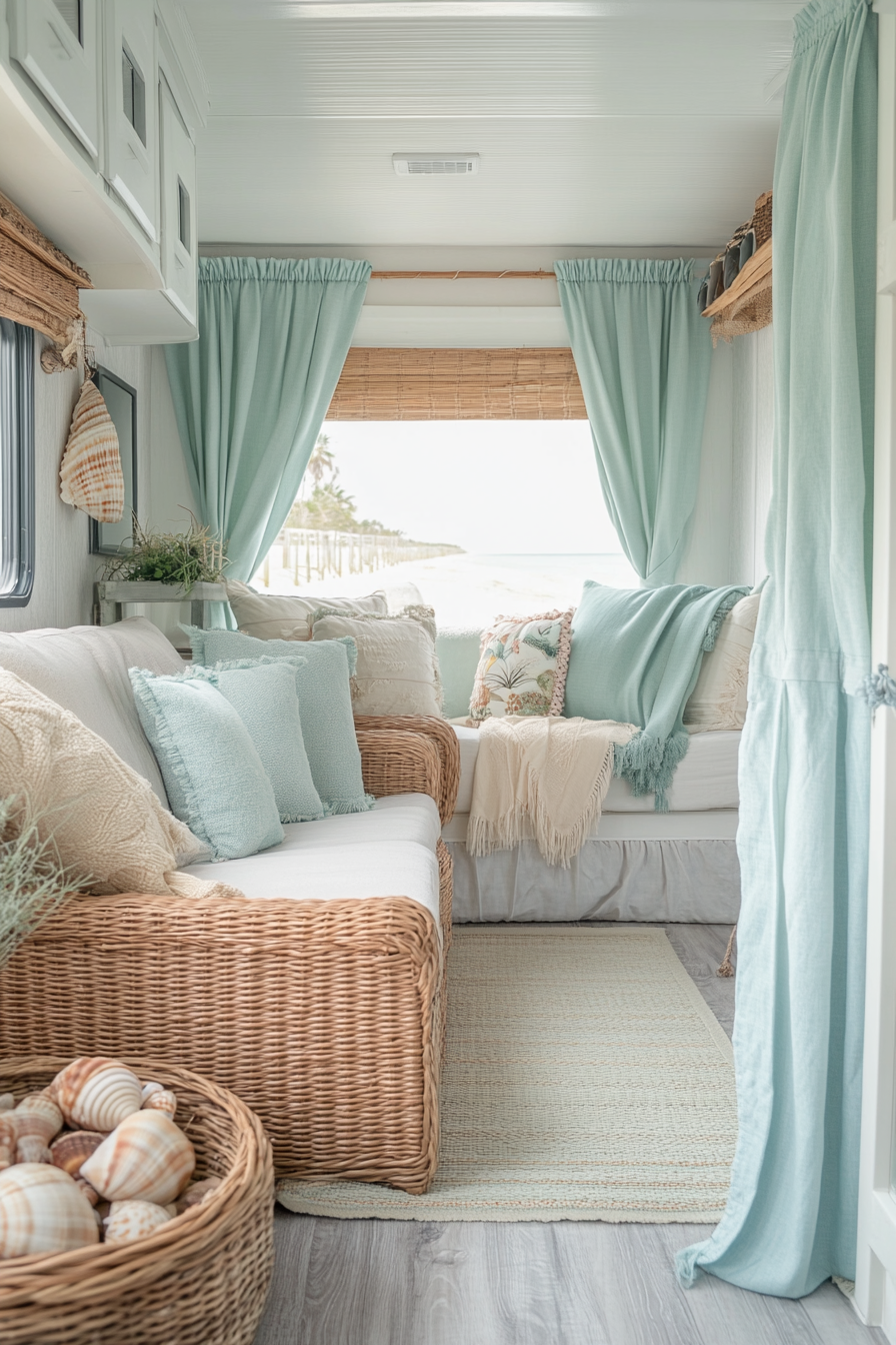 Wide-angle view. Coastal-inspired RV, seafoam green curtains, wicker furniture, collected shells showcase.