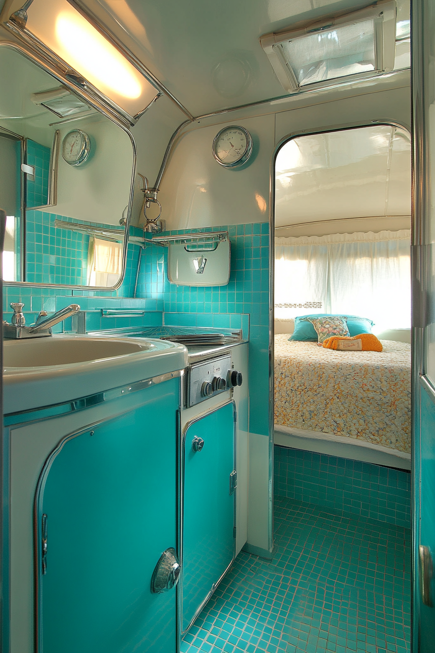 Wide-angle view. 1950s classic RV bathroom with turquoise vintage tile patterns and silver fixtures.