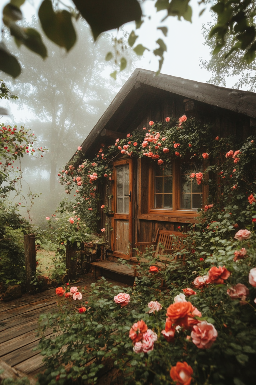 Wide angle view. Flower-filled tiny house deck with climbing roses and morning fog in English countryside.