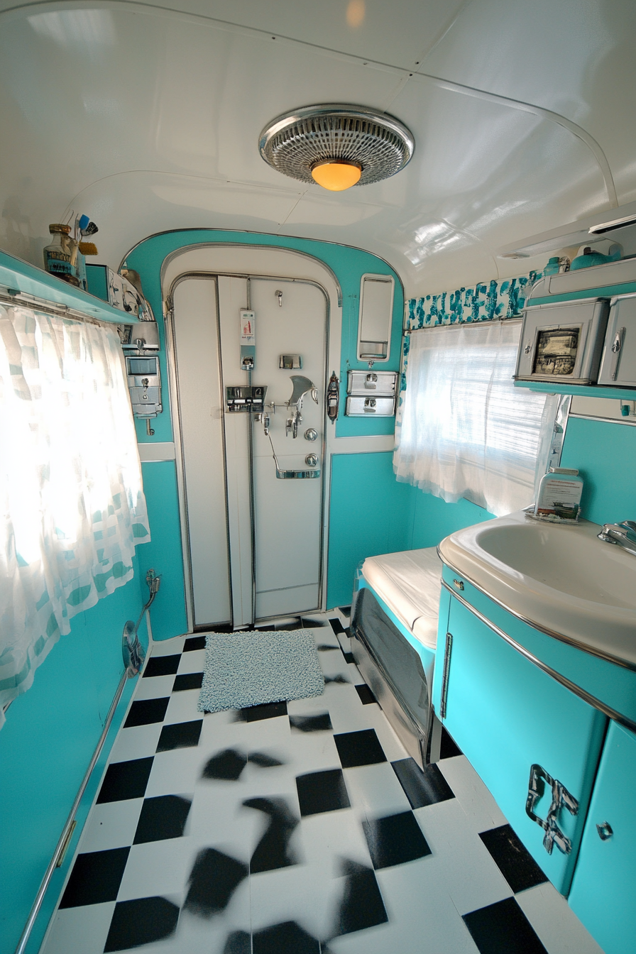 Wide angle view. 1950s RV bathroom with turquoise black and white checkered vintage tile.