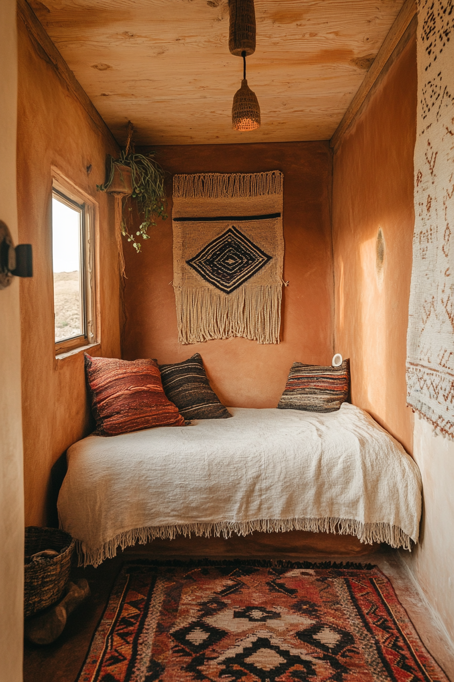 Southwestern tiny house bedroom. Detached bed, brown rug, terracotta walls, and hanging woven wall art.