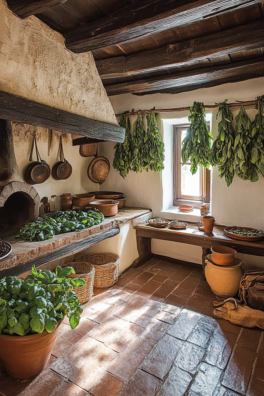 Wide angle view of provincial cooking space. Woodfire oven, drying basil, and brown pottery.