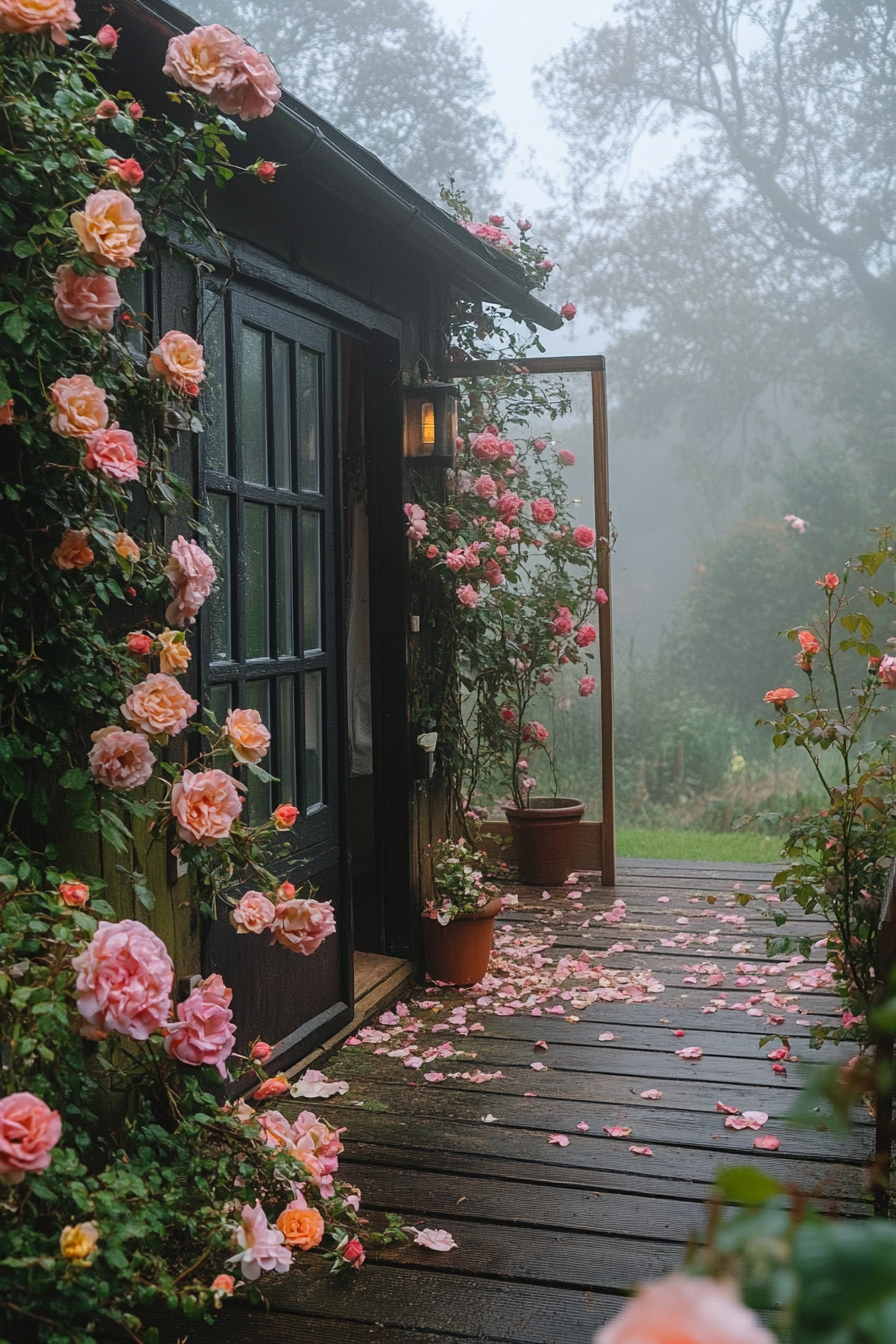 Wide-angle view. Flower-filled tiny house deck, climbing roses, English countryside, morning fog.