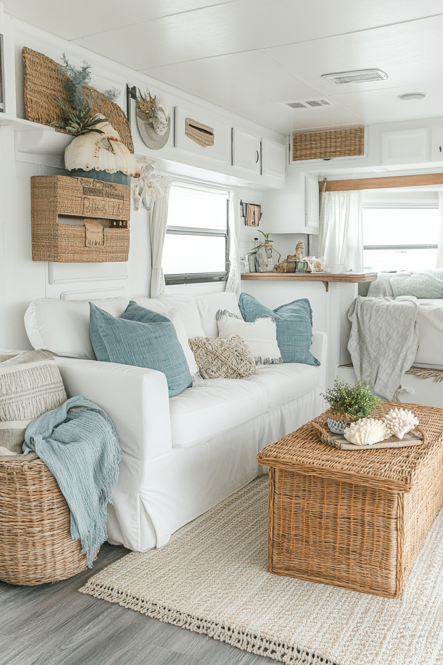 Wide angle view. Coastal-inspired RV, rattan furniture, seashell display, color palette of muted sea blues.