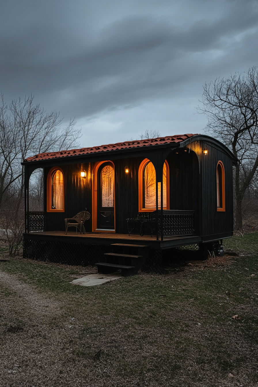 Wide angle view. Dark mobile home with arched details and terra cotta accents.