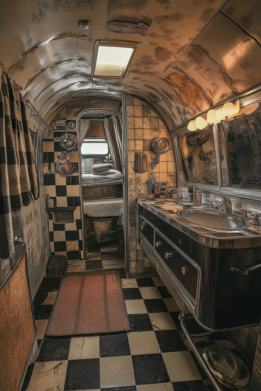 Wide-angle view. 1950s RV bathroom with checkerboard tile and chrome fixtures.