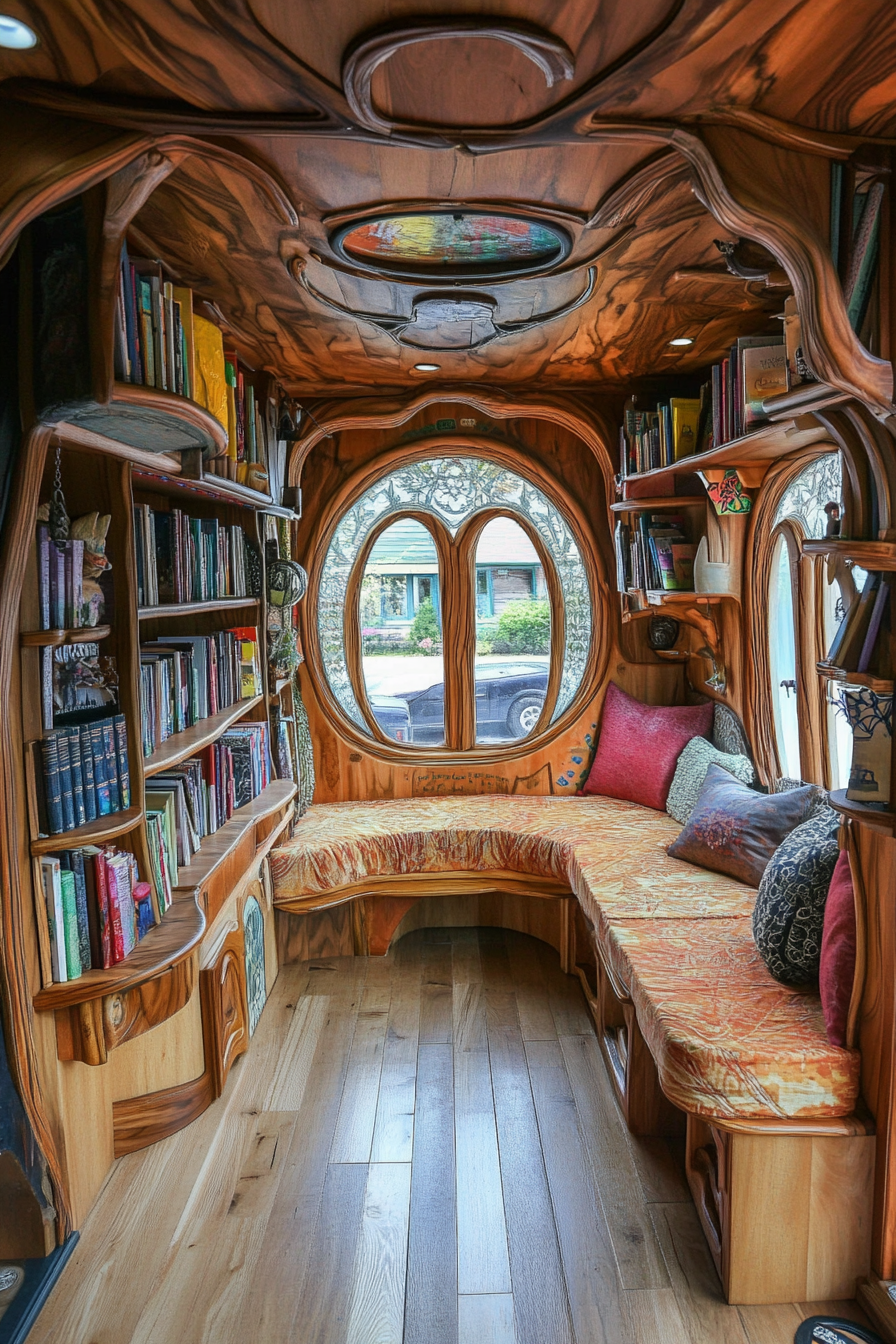 Wide-angle view. Storybook-inspired mobile library with hidden quaint reading nooks.