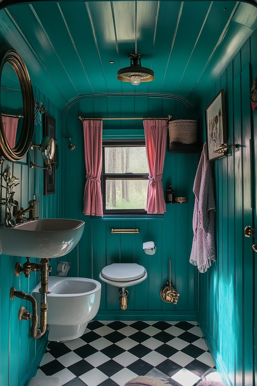 Mid-century inspired camper bathroom. Teal walls, checkered floor, brass fixtures.