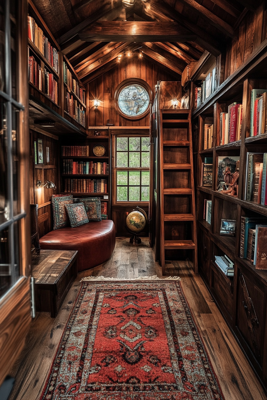 Wide angle view. Dark academia tiny house library with mahogany shelves and antique globe.