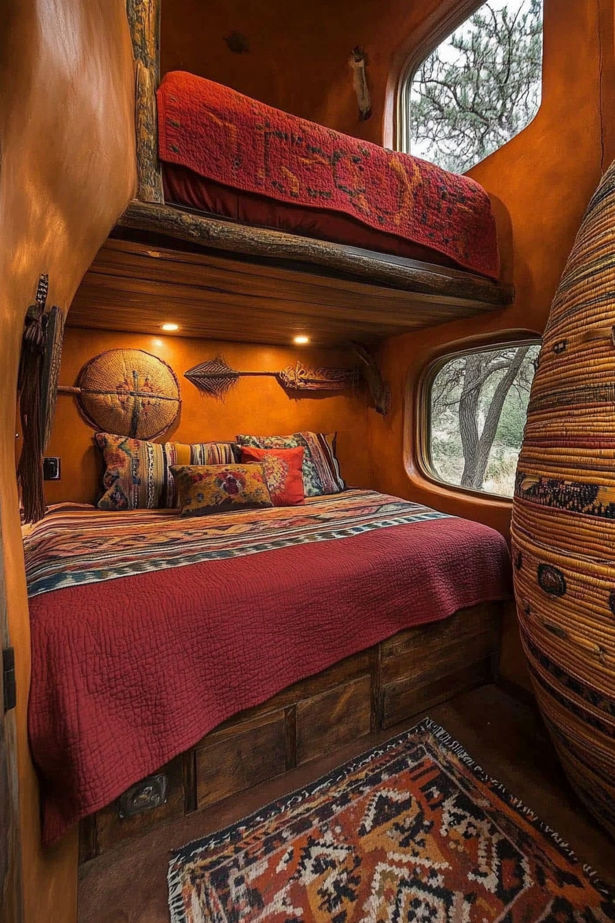 Southwestern tiny house bedroom. Clay-red bedding with earthy woven wall drum. Wide-angle view.