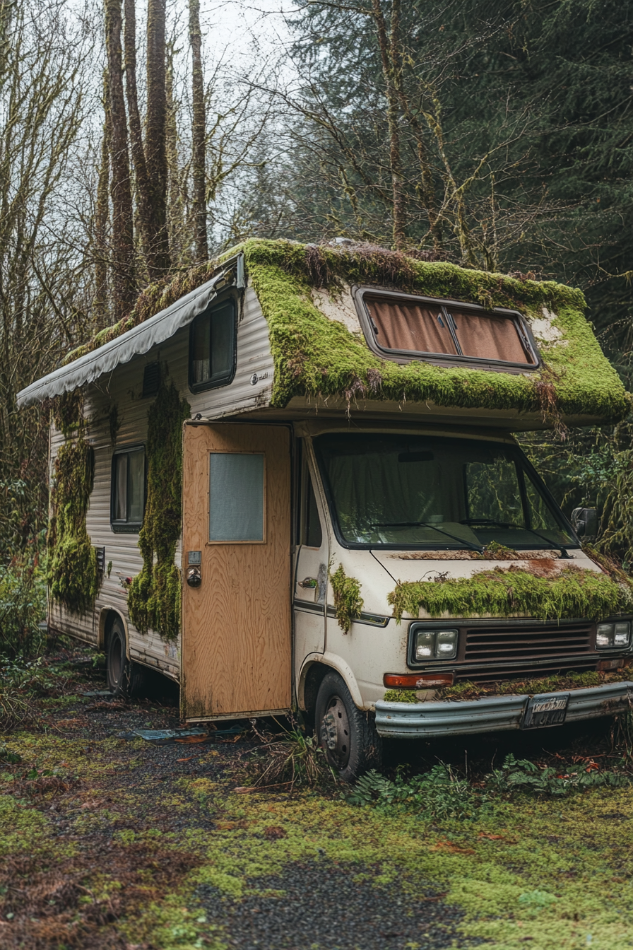 Natural mobile home view. Wide-angle shot of moss-covered motorhome with wooden door and fabric awning.