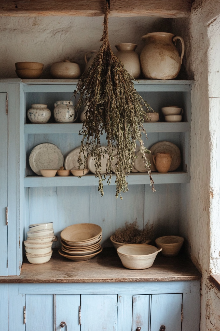 Provincial cooking space. Dried rosemary hanging over pottery-filled pale blue cupboards.