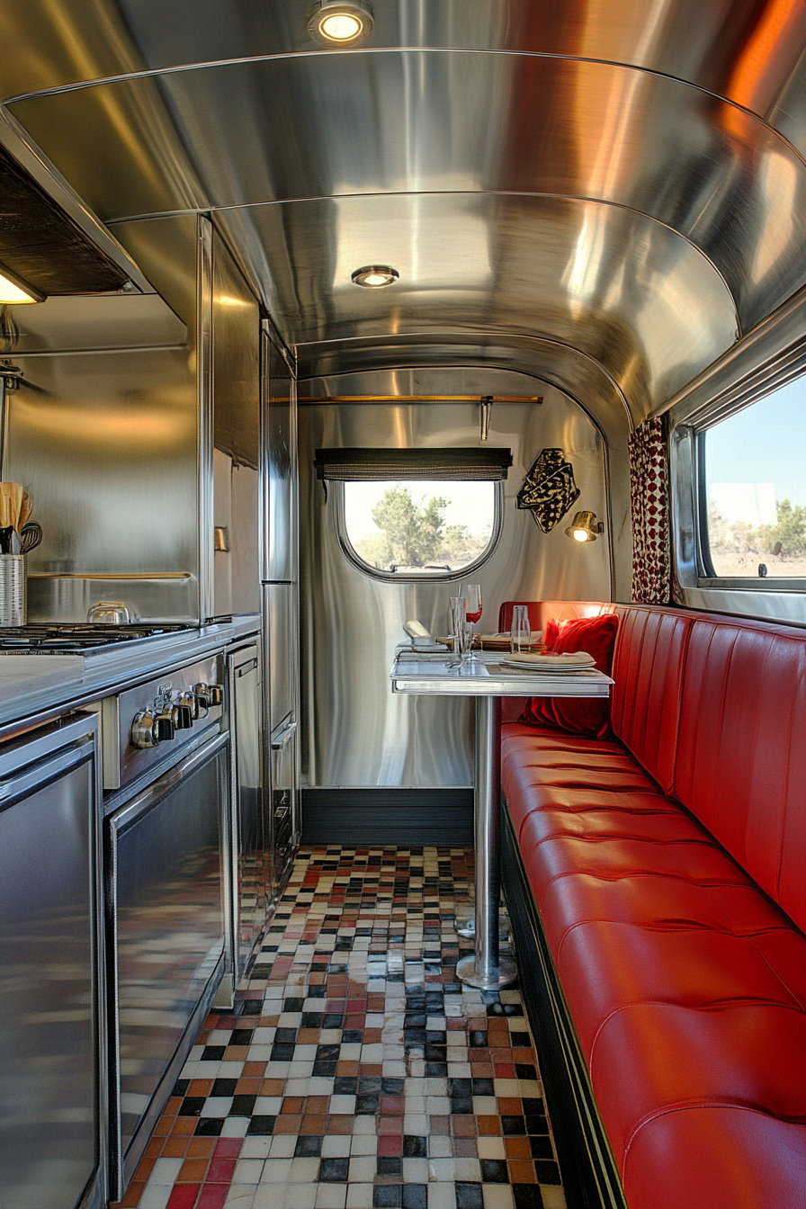 Wide angle view. Americana tiny house kitchen, chrome details, booth seating.