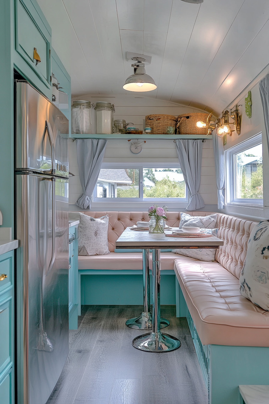 Wide angle view. Americana tiny house kitchen. Chrome fridge, pastel booth seating.