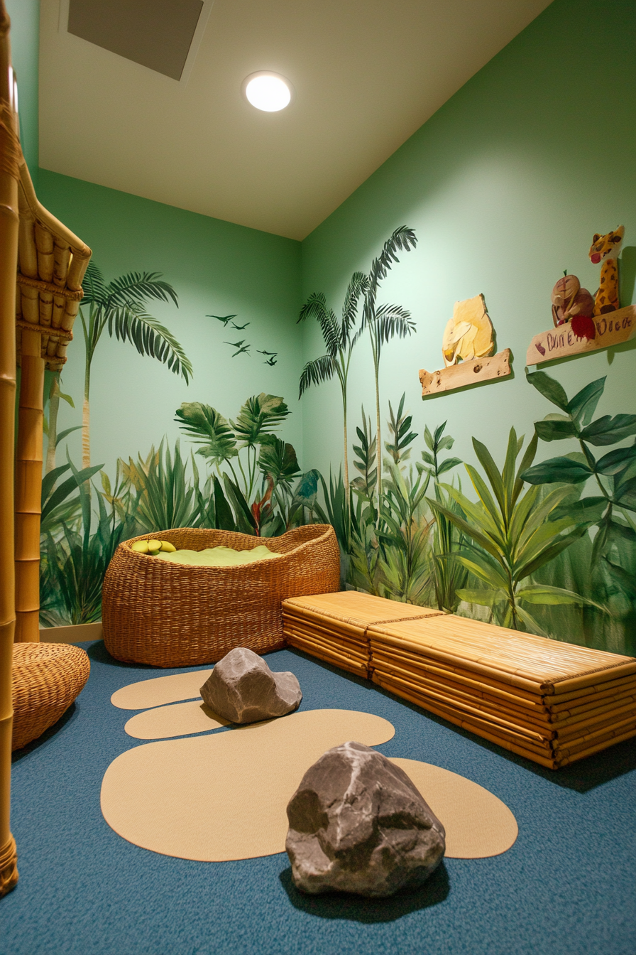 Wide angle view of baby room. Rainforest mural, bamboo low shelves, miniature exploration rock cluster.