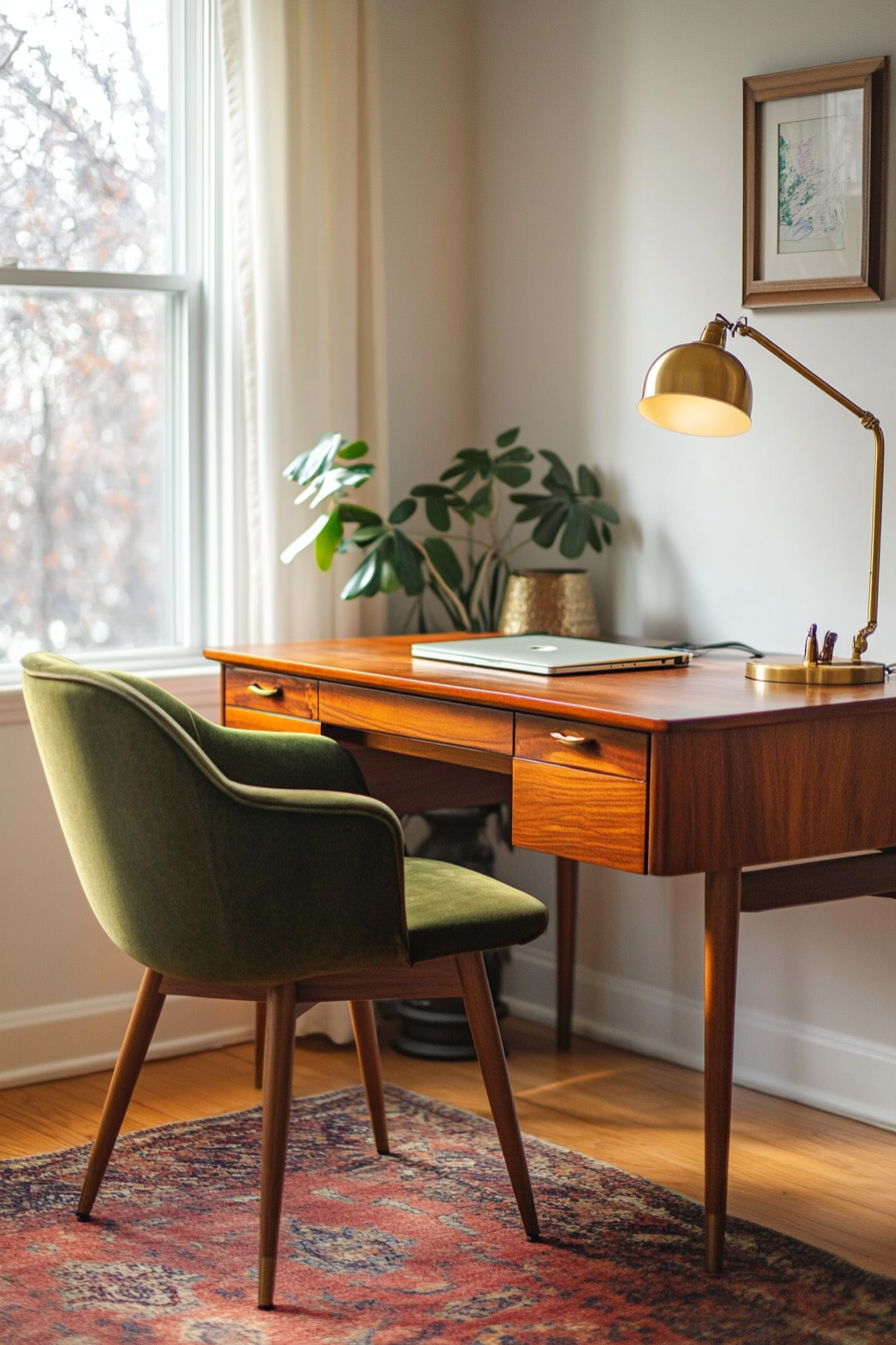 Wide angle of professional mobile workspace. Mahogany desk, olive-green mid-century armchair, brass lamp.