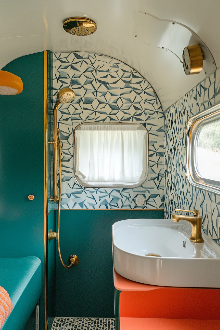 Mid-century camper bathroom. Geometric wallpaper, brass showerhead, curved sink.