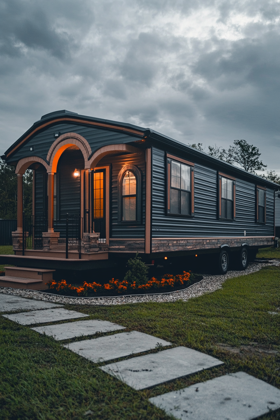 Wide angle view. Dark mobile home with arched details and terra cotta accents.