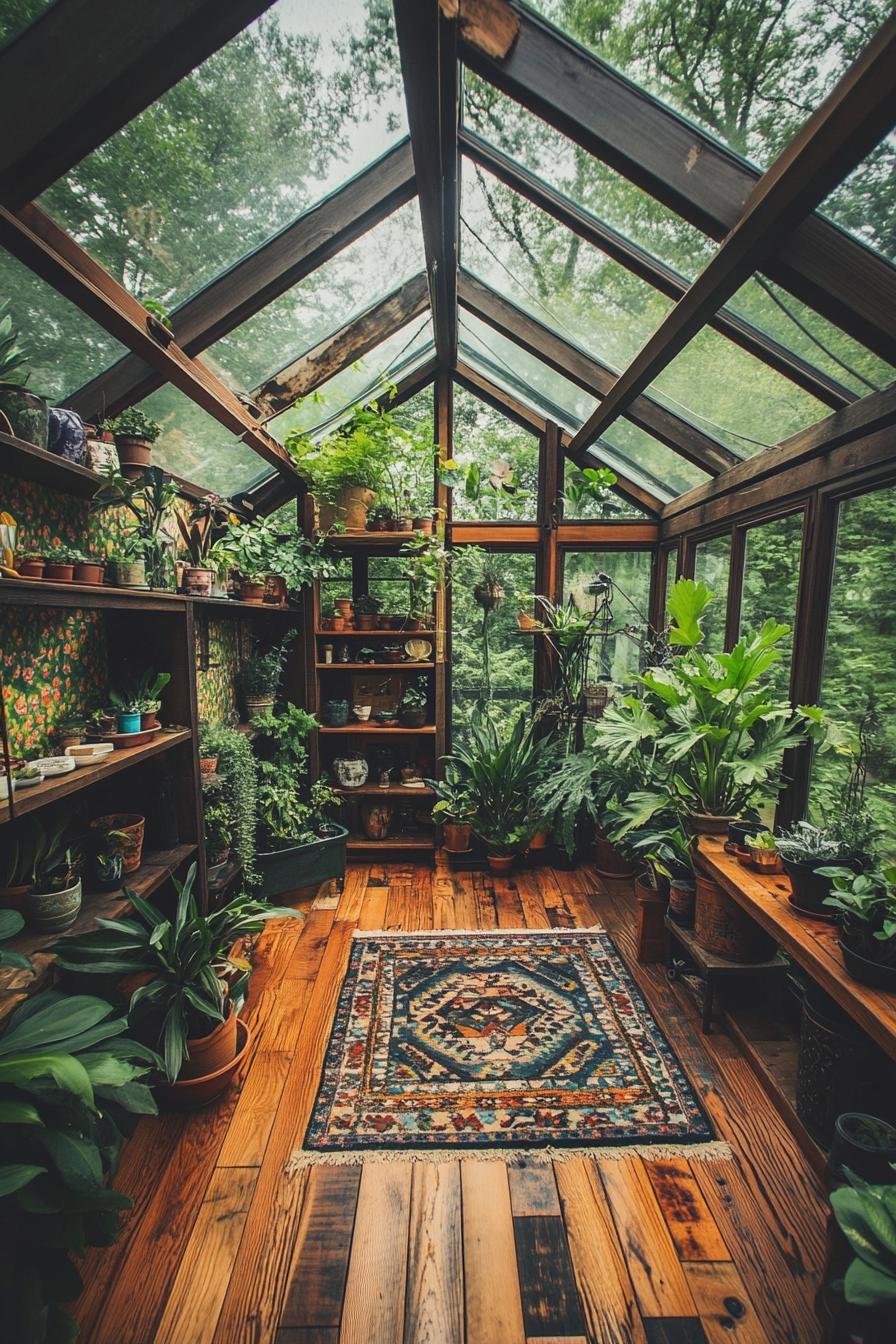 Wide angle tiny house. Glass greenhouse windows, abundant indoor plants, botanical wallpaper.