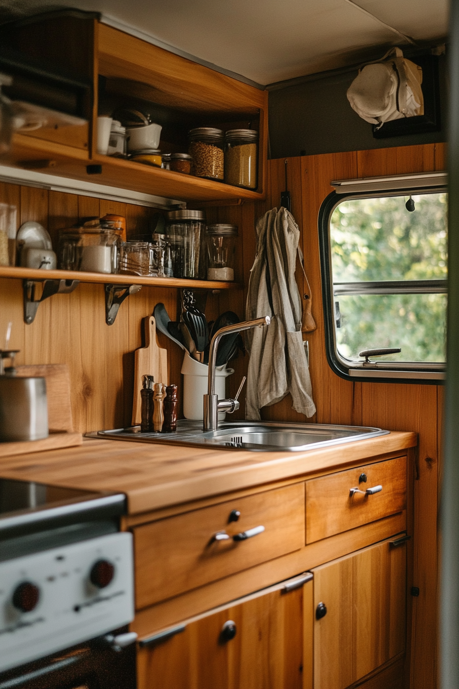 Wide-angle camper kitchen view. Teak cabinets and vintage metal doorknobs.