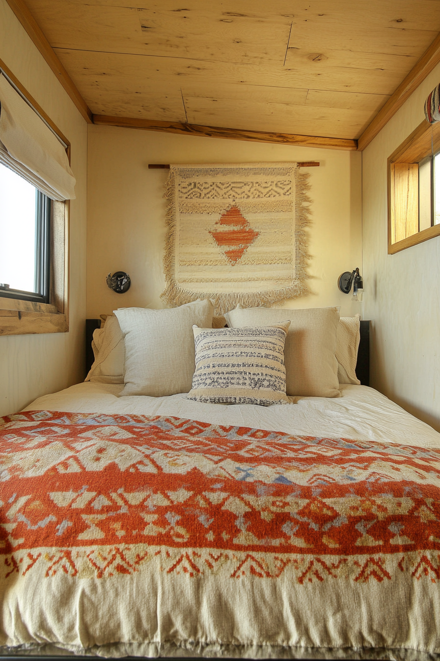 Wide angle view. Southwestern tiny house bedroom with beige woven wall art.