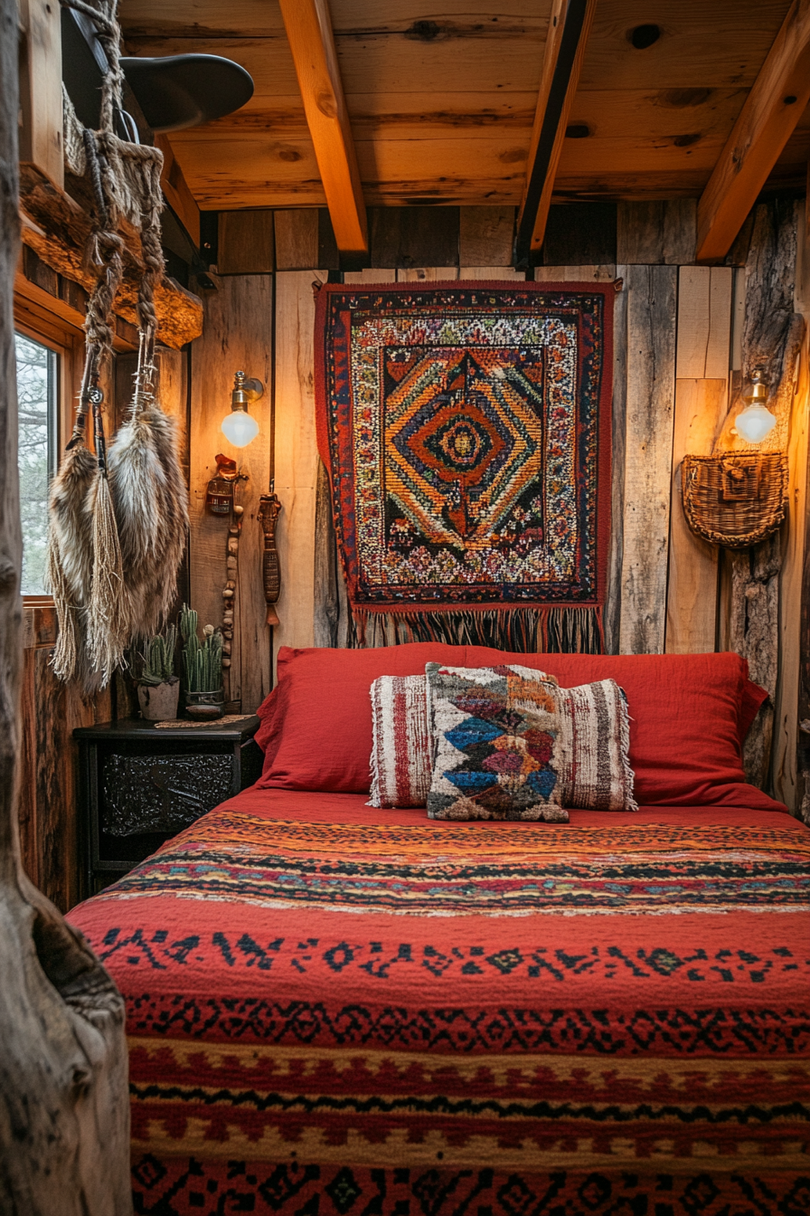 Southwestern tiny house bedroom. Rusty red bedding, woven wall art and wide-angle view.