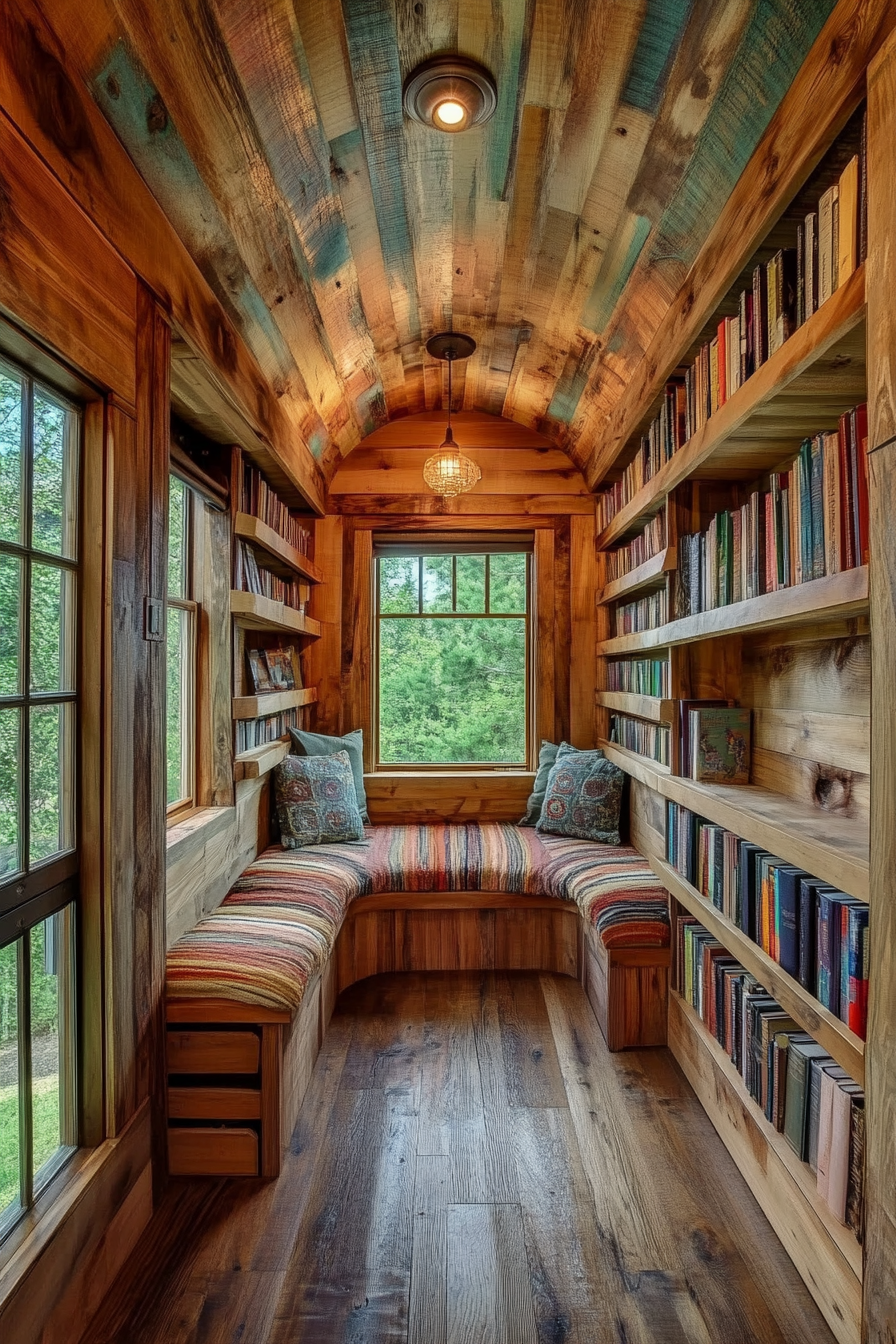 Wide-angle view. Storybook-inspired mobile library with hidden nooks and rustic wood paneling.