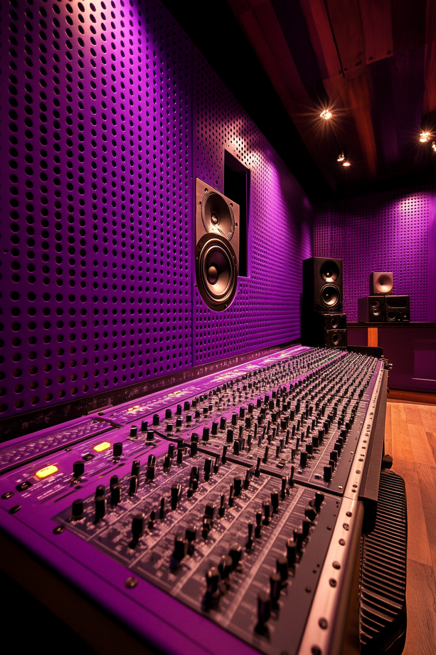 Wide angle view. Purple pegboard wall in mobile recording studio.