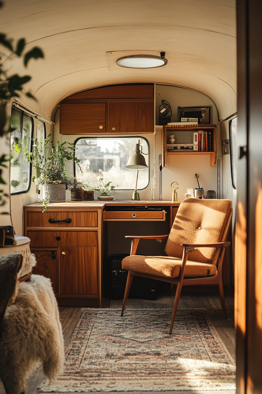 Professional mobile workspace. Wide angle view with rich wood, mid-century furniture and service bell.