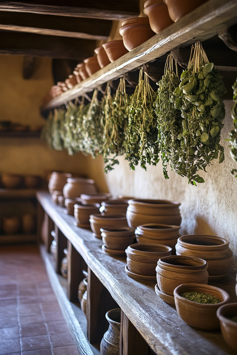 Wide-angle view of provincial kitchen, dried basil hanging, earthenware pots lining wooden shelves.