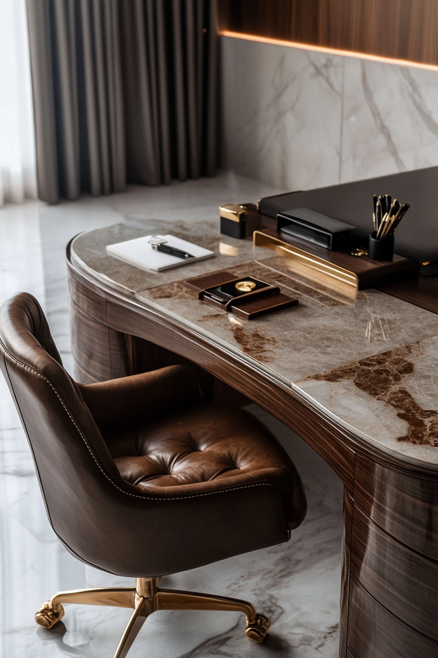 Wide angle view. An upscale mobile workspace with leather chair, walnut desk and gold stationary.