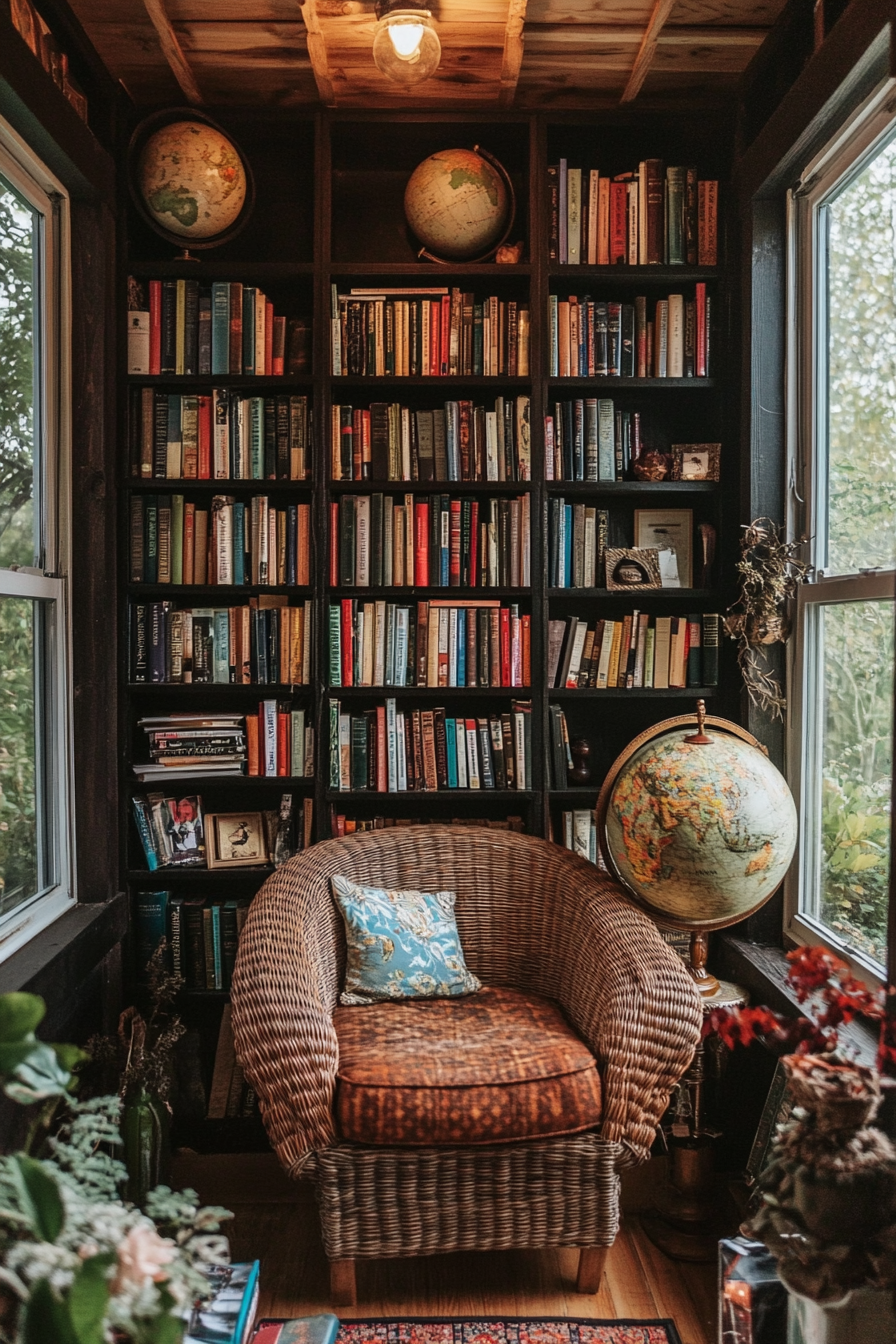 Wide angle view. Dark academia tiny house library, vintage books, rattan armchair, antique globe.