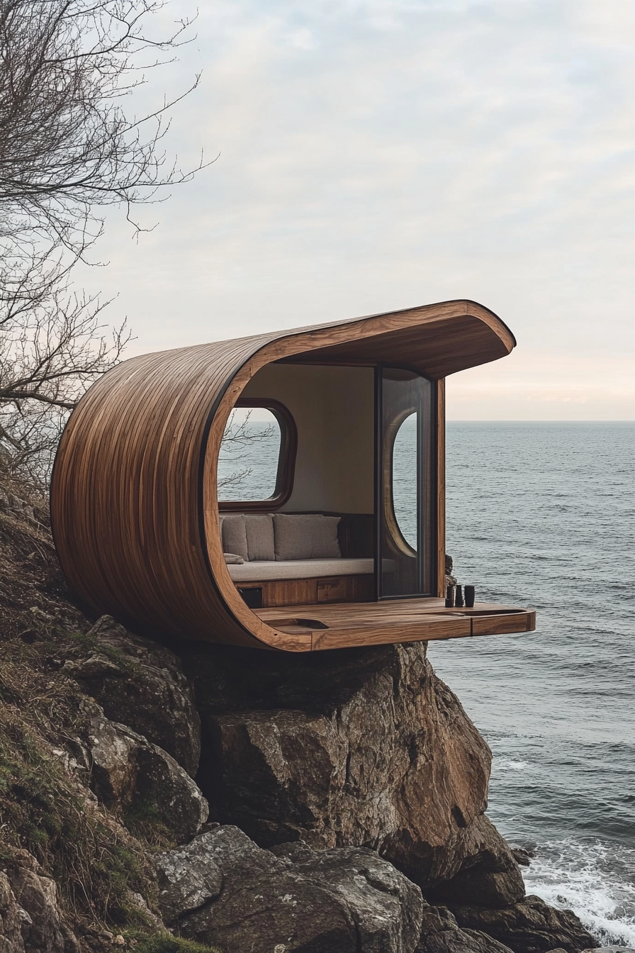 Sleek tiny home. Walnut platform, curved seating, giant window, perched on rough sea cliff.