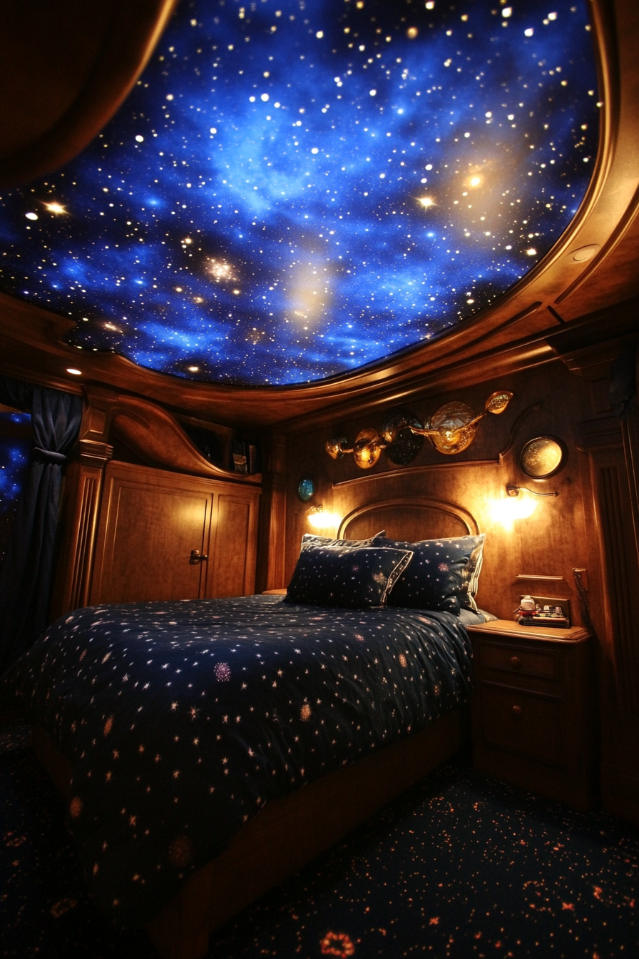 Wide angle view. Space-themed sleeping quarters. Star projections on indigo nebula colored ceiling.