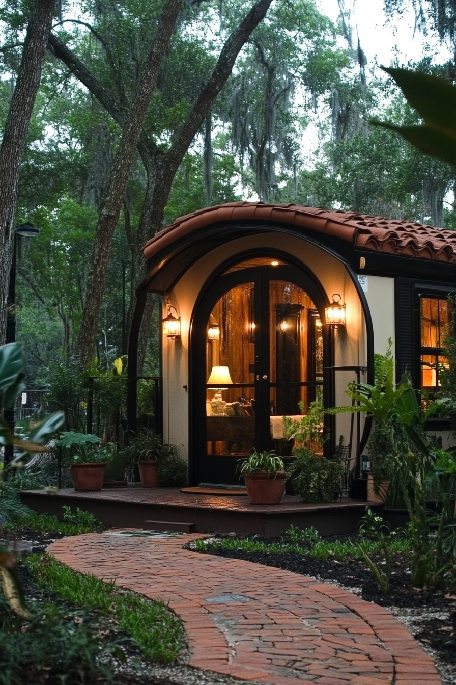 Wide angle view. Mobile home, dark sophistication, arched details, terra cotta accents.