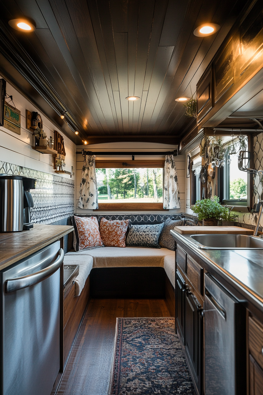 Wide angle view of classic Americana tiny house kitchen. chrome sink, booth seating.